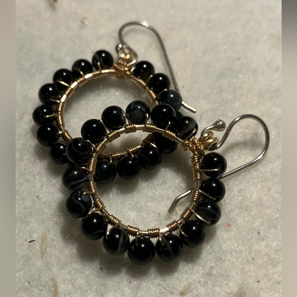Hand Crafted Earrings Copper sterling silver Wrapped black stripe agate